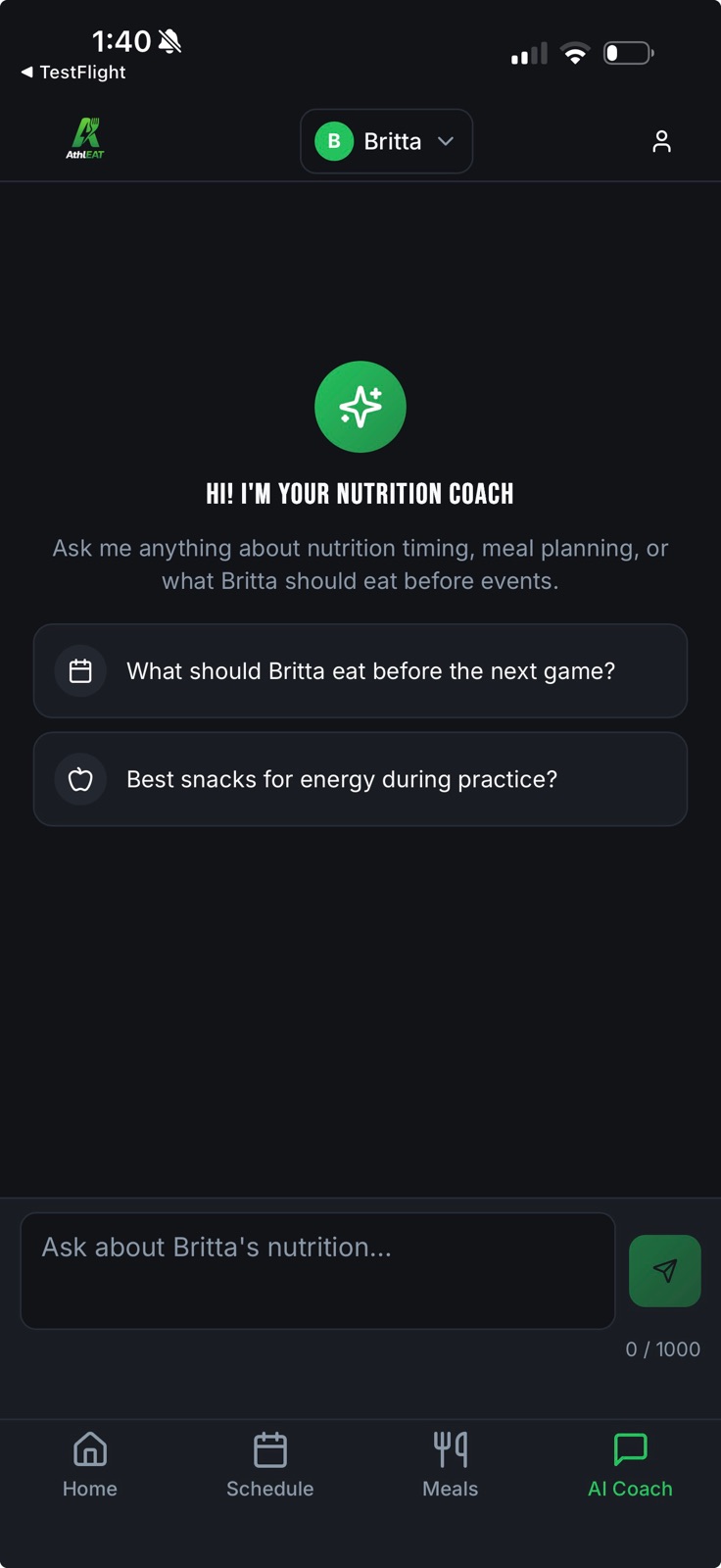 AthlEAT AI Coach showing athlete-specific questions about pre-game food and practice snacks