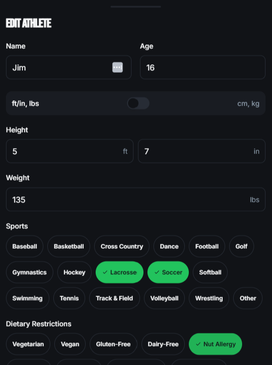 AthlEAT athlete profile with name, age, height, weight, sports and dietary restrictions