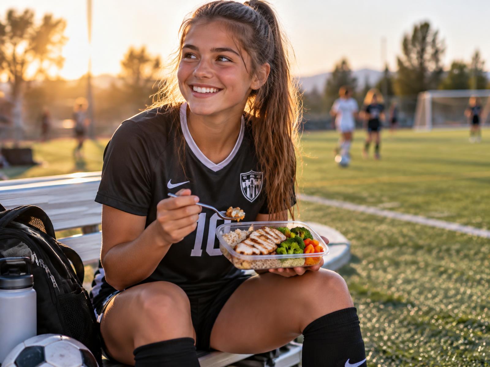 A high school soccer player eating a prepared chicken and rice meal on the sideline after practice