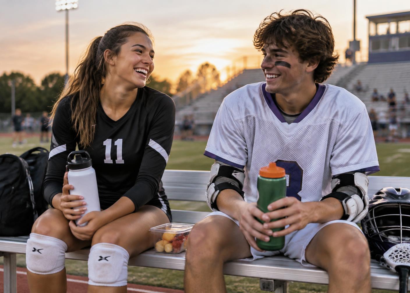 Two teenage athletes resting on a bench with water and fresh fruit after a game