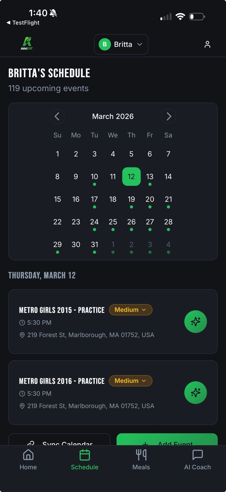 AthlEAT schedule with imported practices, a monthly calendar, and the Sync Calendar control