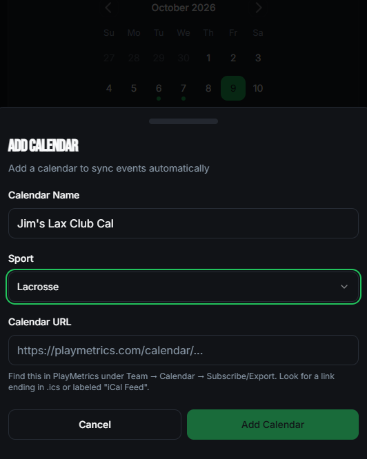 AthlEAT Add Calendar form with calendar name, sport, and a calendar URL field with instructions for finding the PlayMetrics iCal feed