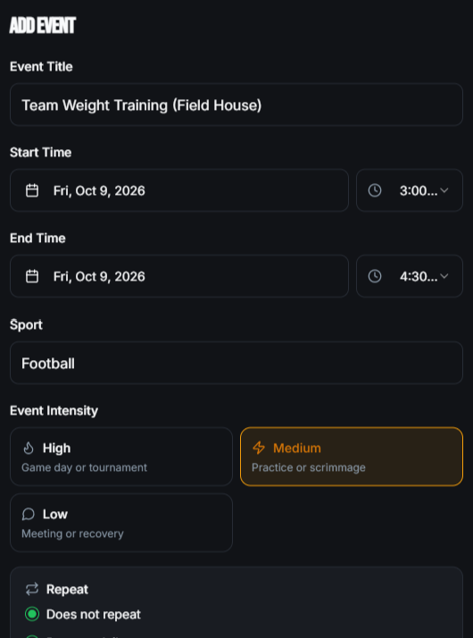 AthlEAT Add Event form with event title, start and end time, sport, and event intensity options of high, medium and low